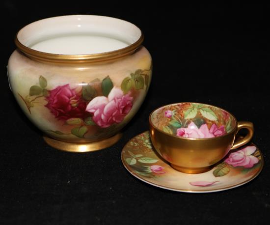 A Royal Worcester miniature cup and saucer, signed TWIN, saucer cracked, and a vase, 8cms